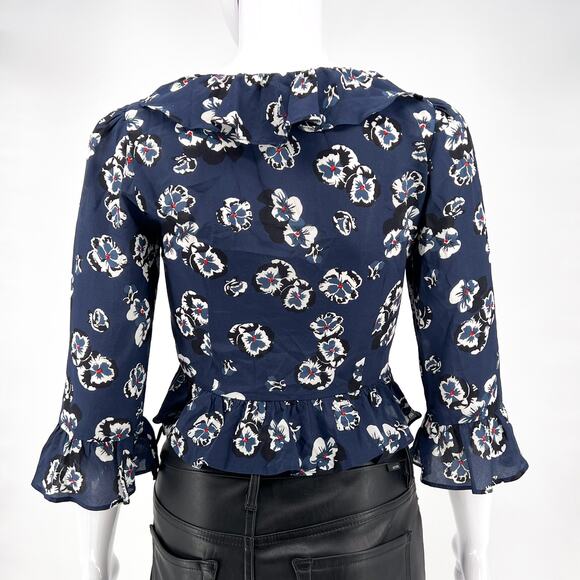 Réalisation Par Cher Pansy Wrap Top Women’s XS Navy Floral Silk Ruffle - Picture 5 of 5